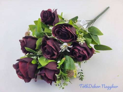 Féloldalas 9 ágú rózsa selyemvirág csokor 48cm - Bordó