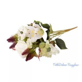   Rózsa-Liliom-Hortenzia bogáncsos 15 ágú csokor 61cm - Krém