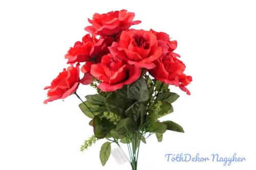 Rózsa selyemvirág csokor 46cm - Piros