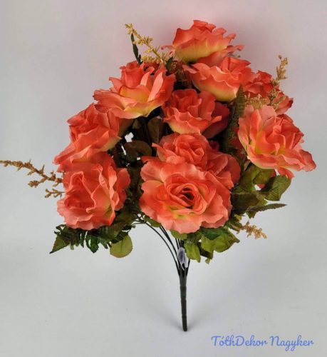 Rózsa 18 ágú selyemvirág csokor 45 cm - Lazac
