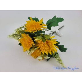   Krizantém 5 ágú selyem csokor díszítőkkel 33cm - Napsárga