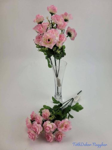 Rózsa 14 fejes selyemvirág csokor zöld díszítővel 30 cm - Rózsaszín