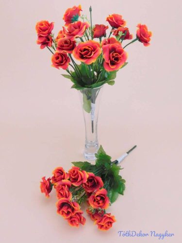 Rózsa 14 fejes selyemvirág csokor díszítővel 30 cm - Őszi Narancs
