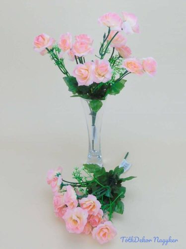 Rózsa 14 fejes selyemvirág csokor díszítővel 30 cm - Őszi Rózsaszín