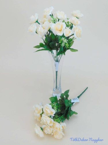 Rózsa 14 fejes selyemvirág csokor díszítővel 30 cm - Krém