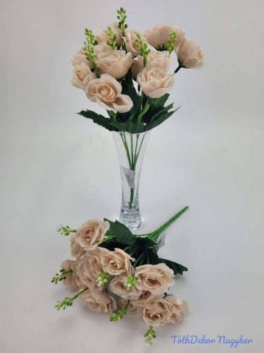 Rózsa 14 fejes selyemvirág csokor díszítővel 30 cm - Sötét púder