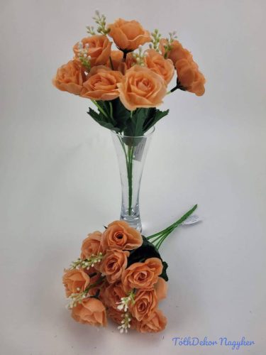 Rózsa 14 fejes selyemvirág csokor díszítővel 30 cm - Pasztel Narancs