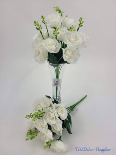 Rózsa 14 fejes selyemvirág csokor díszítővel 30 cm - Fehér
