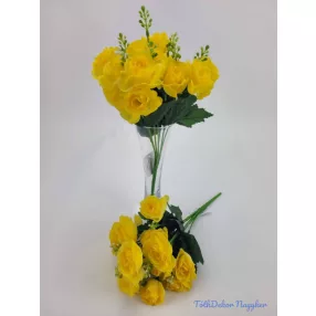   Rózsa 14 fejes selyemvirág csokor díszítővel 30 cm - Sárga
