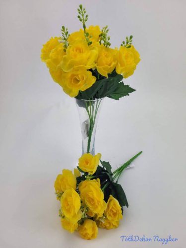 Rózsa 14 fejes selyemvirág csokor díszítővel 30 cm - Sárga