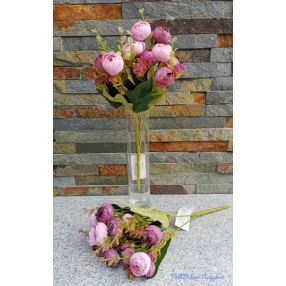   Boglárka aprófejű 5 ágú selyemvirág csokor díszítővel zöldekkel 28 cm Lila-Rózsaszín mix