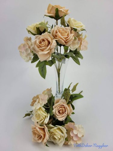 Rózsa hortenzia 7 ágú selyemvirág csokor 27 cm - Halvány Krém-Barack
