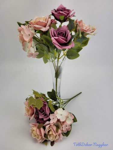 Rózsa hortenzia 7 ágú selyemvirág csokor 27 cm - Krém-Rózsaszínes Mályva