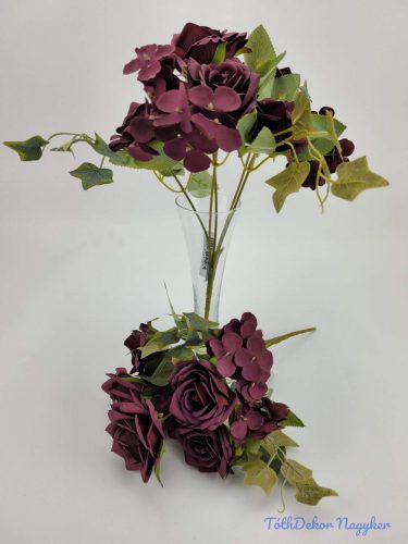 Rózsa hortenzia 7 ágú selyemvirág csokor 27 cm - Bordó