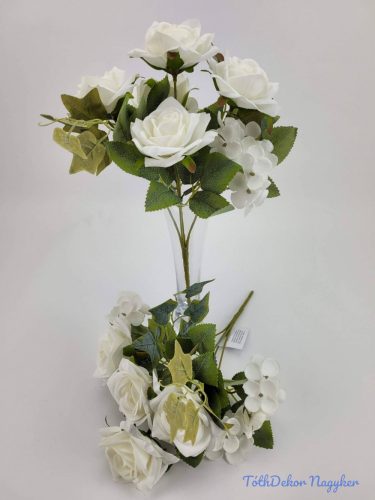Rózsa hortenzia 7 ágú selyemvirág csokor 27 cm - Törtfehér