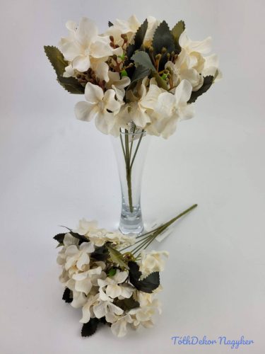 Hortenzia 5 ágú selyemvirág csokor 25 cm - Törtfehér