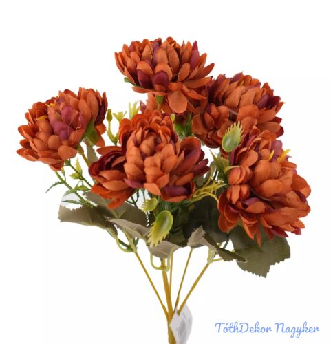 Krizantém 6 ágú selyemvirág csokor 28cm - Rozsda