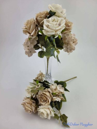 Rózsa hortenzia 7 ágú selyemvirág csokor 29 cm - Ekrü-Bézs
