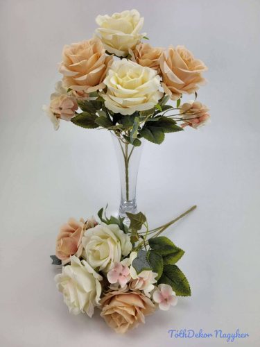 Rózsa hortenzia 7 ágú selyemvirág csokor 29 cm - Krém-Halvány Barack