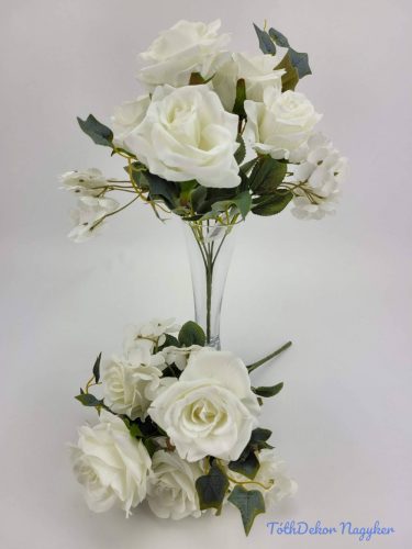 Rózsa hortenzia 7 ágú selyemvirág csokor 29 cm - Törtfehér