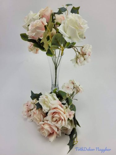 Rózsa hortenzia 7 ágú selyemvirág csokor 29 cm - Krém-Halvány Rózsaszín