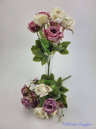 Rózsa + kis virág 7 ágú selyemvirág csokor 33 cm - Krém-Mályvás
