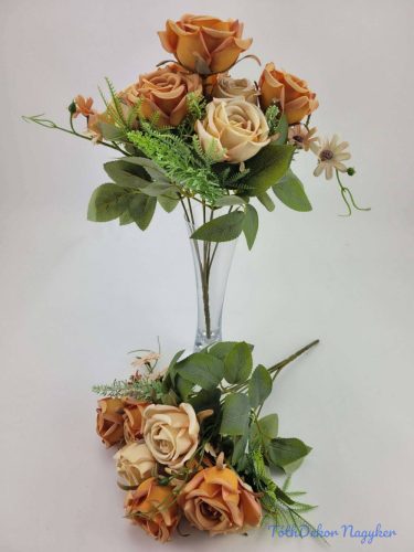 Rózsa + kis virág 7 ágú selyemvirág csokor 33 cm - Barackos Mix