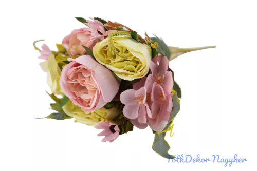 Peónia + hortenzia 6 ágú selyemvirág csokor 31cm - Zöld-Rózsaszín