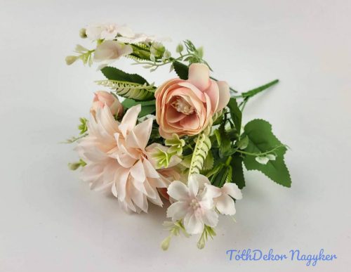 Vegyes bogi+dália+kis virágos 7 ágú csokor 35 cm - Halvány Rózsaszín