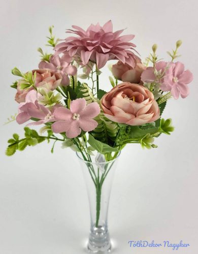Vegyes bogi+dália+kis virágos 7 ágú csokor 35 cm - Mályvás