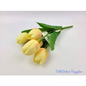 Tulipán 5 ágú gumis fejű csokor 29 cm - Krém-Barack