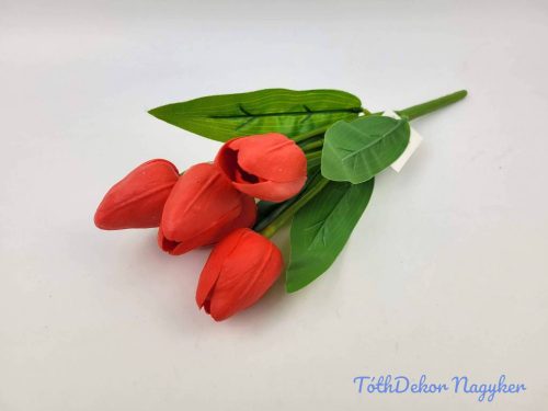 Tulipán 5 ágú gumis fejű csokor 29 cm - Piros