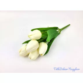 Tulipán 5 ágú gumis fejű csokor 29 cm - Törtfehér