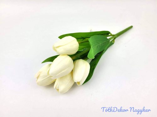 Tulipán 5 ágú gumis fejű csokor 29 cm - Törtfehér