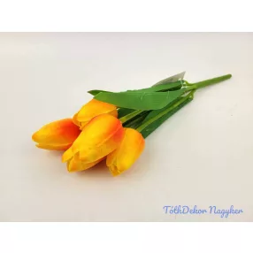 Tulipán 5 ágú gumis fejű csokor 29 cm - Piruló Narancs