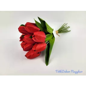 Tulipán 9 szálas kötegelt selyem csokor 40 cm - Piros