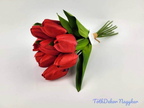 Tulipán 9 szálas kötegelt selyem csokor 40 cm - Piros