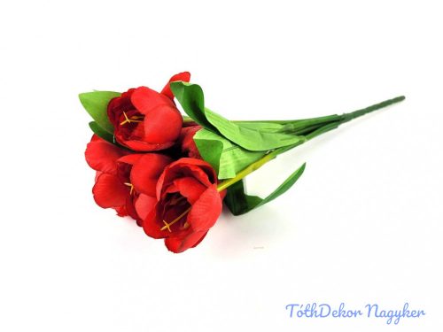 Tulipán nyílott 7 ágú selyem csokor 36 cm - Piros