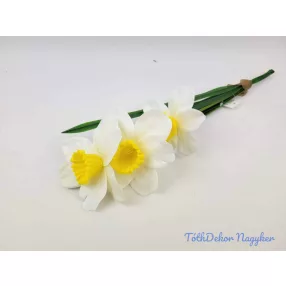 Nárcisz 3 ágú gumis-selyem csokor 43 cm - Fehér-Sárga