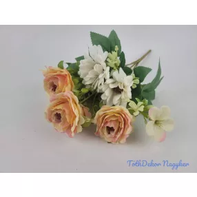   Rózsa+margaréta+kis virágos 7 ágú csokor 33 cm - Rózsaszínes Barack