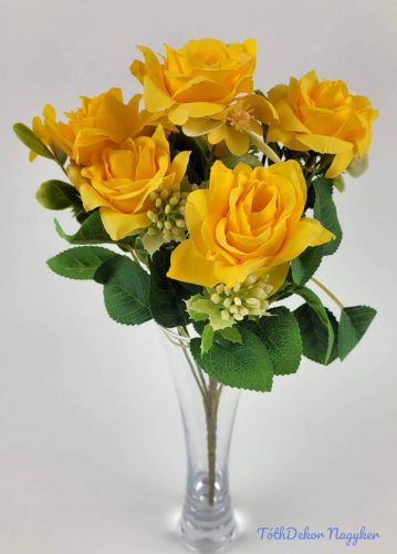 Rózsa 6 ágú selyemvirág csokor 29 cm - Sárga