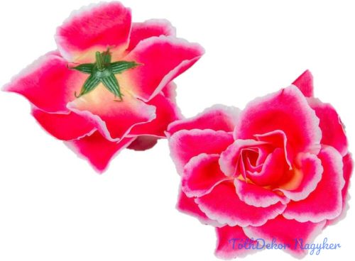 Rózsa nyílott selyemvirág fej nyílt rózsafej 10 cm - Pink-Fehér cirmos szélű