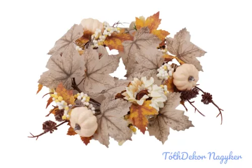 Tökös fehér bogyós koszorú bársony virággal 32cm