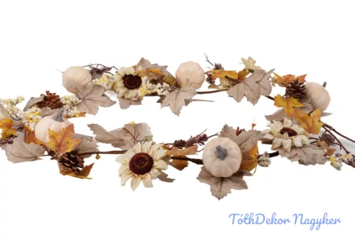 Tökös-tobozos fehér bogyós girland bársony virággal 160cm