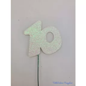 Fehér csillámos szám drót pálcán - 10