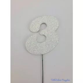 Fehér csillámos szám drót pálcán - 3