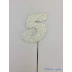 Fehér csillámos szám drót pálcán - 5