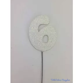 Fehér csillámos szám drót pálcán - 6