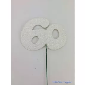 Fehér csillámos szám drót pálcán - 60