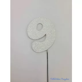 Fehér csillámos szám drót pálcán - 9